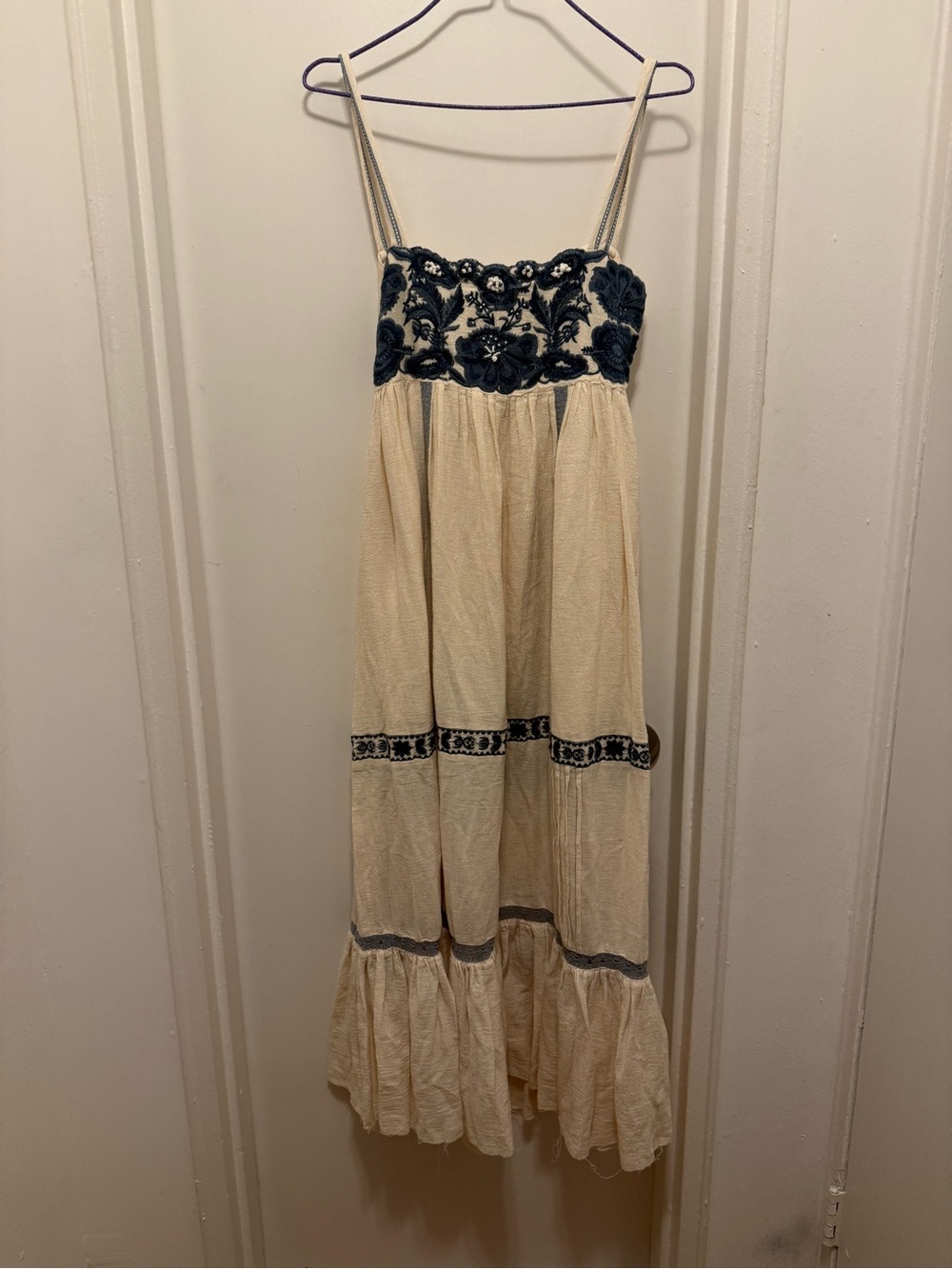 Cream Maxi Dress with Navy Embroidered Bodice and Trim